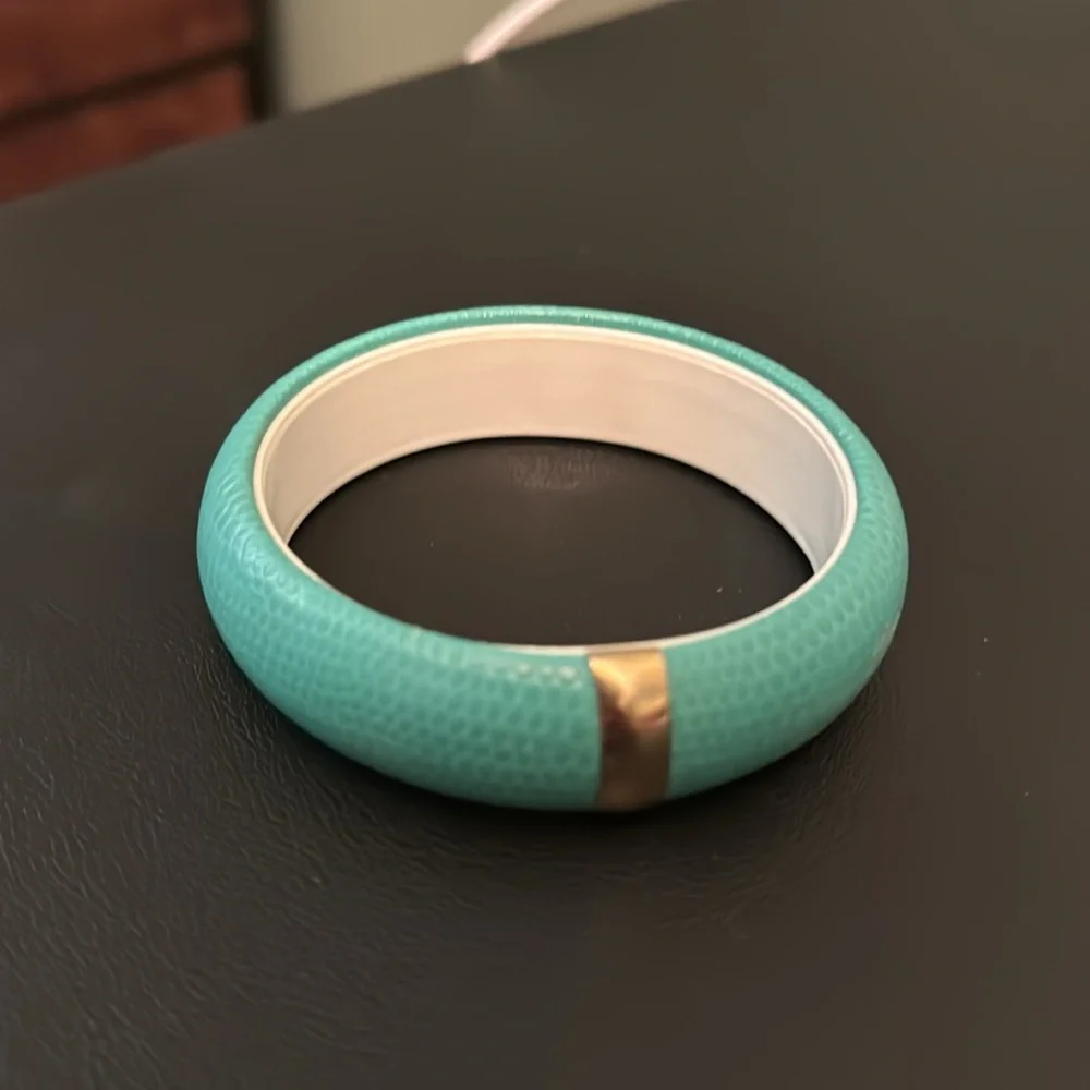 Vintage Plastic Bangle Bracelet, Faux Leather Exterior, Teal, Retro, Boho